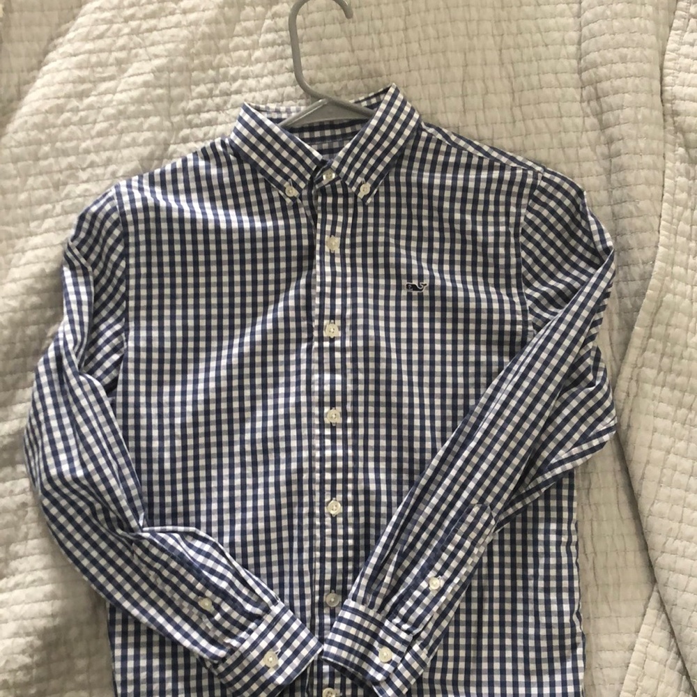 Boys Vineyard vines long sleeve blue gingham checked shirt size medium 12/14